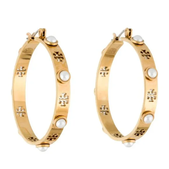 Tory Burch Gold Hoop Earrings with Pearl Accents - Picture 5 of 5